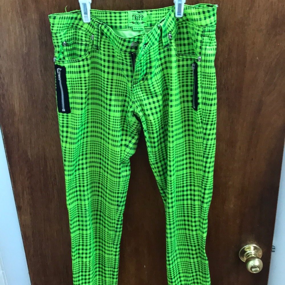 Neon green and plaid jeans